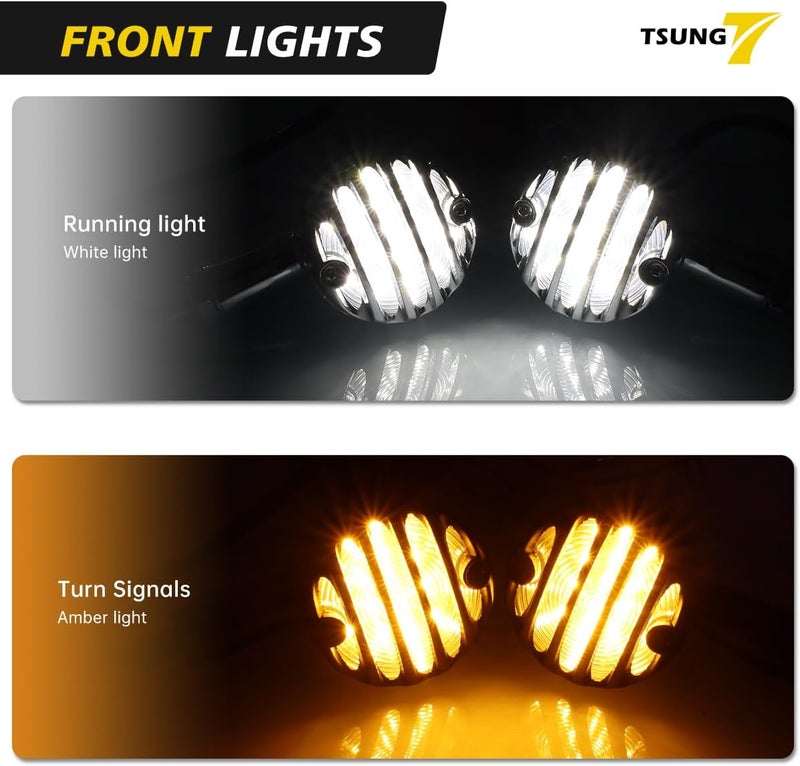 TSUNG Universal Grille Motorcycle LED Turn Signals Lights Front Rear Blinkers Tail Lights for Cruiser Chopper Bobber Cafe Racer Street Bike (Chrome-4PCS) - Image 2